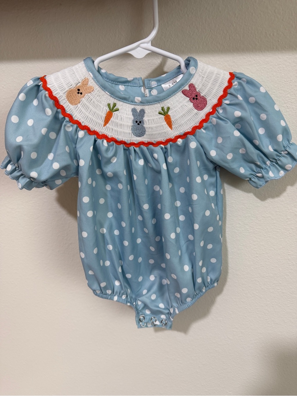 Easter Bunny Baby Girl Blue and White Smocked Onesie/ Romper